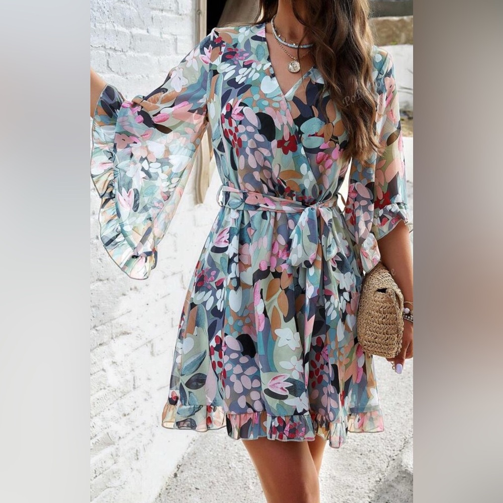 Green and Red Bell Sleeve Mini Dress with Ruffled Wrap